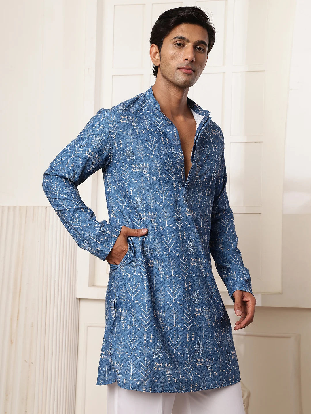 Blue Sequins Embroidered Viscose Rayon Straight Kurta for Men - Image 7