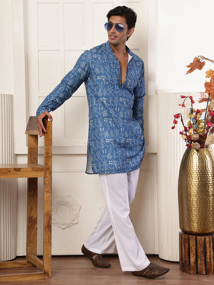 Blue Sequins Embroidered Viscose Rayon Straight Kurta for Men - Image 8
