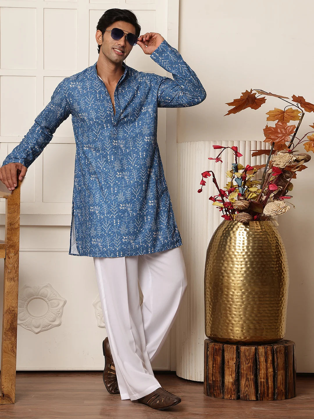 Blue Sequins Embroidered Viscose Rayon Straight Kurta for Men - Image 9
