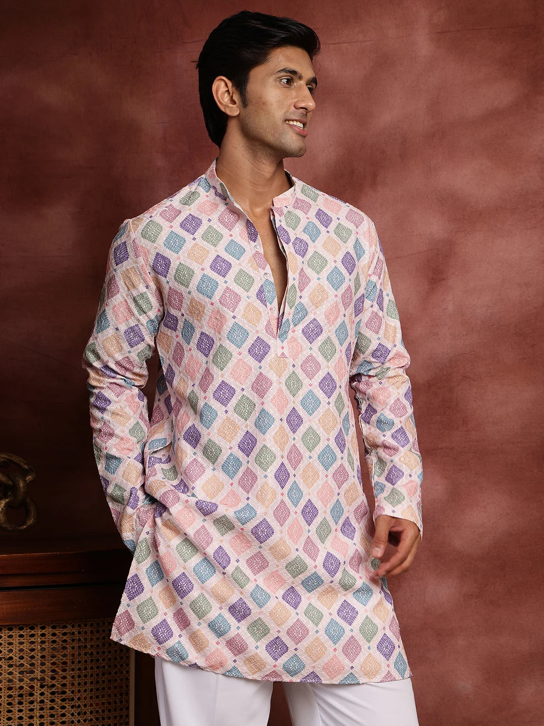 Pink Thread Work Printed Viscose Rayon Straight Kurta for Men - Image 1