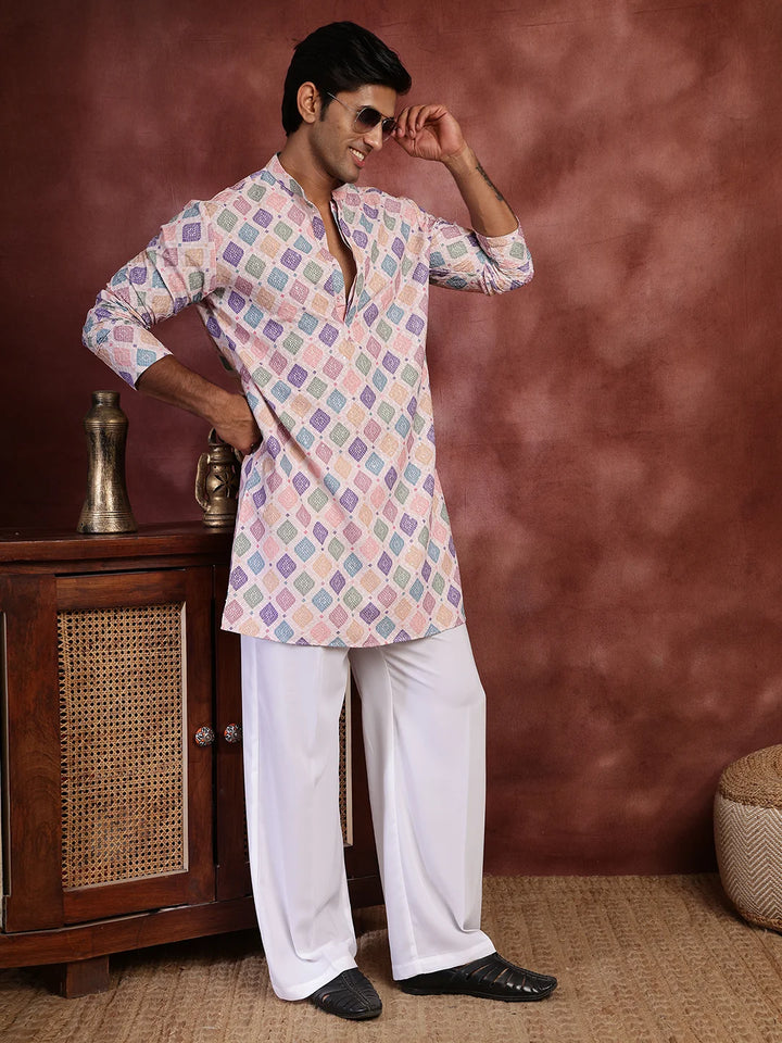 Pink Thread Work Printed Viscose Rayon Straight Kurta for Men - Image 10