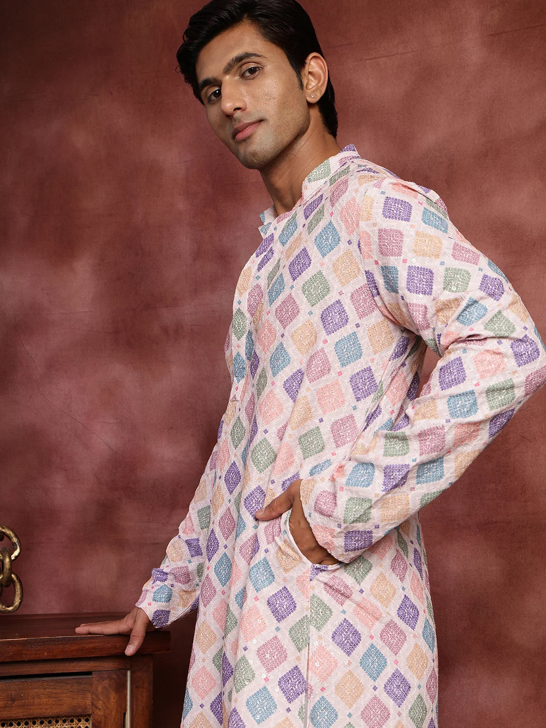 Pink Thread Work Printed Viscose Rayon Straight Kurta for Men - Image 11