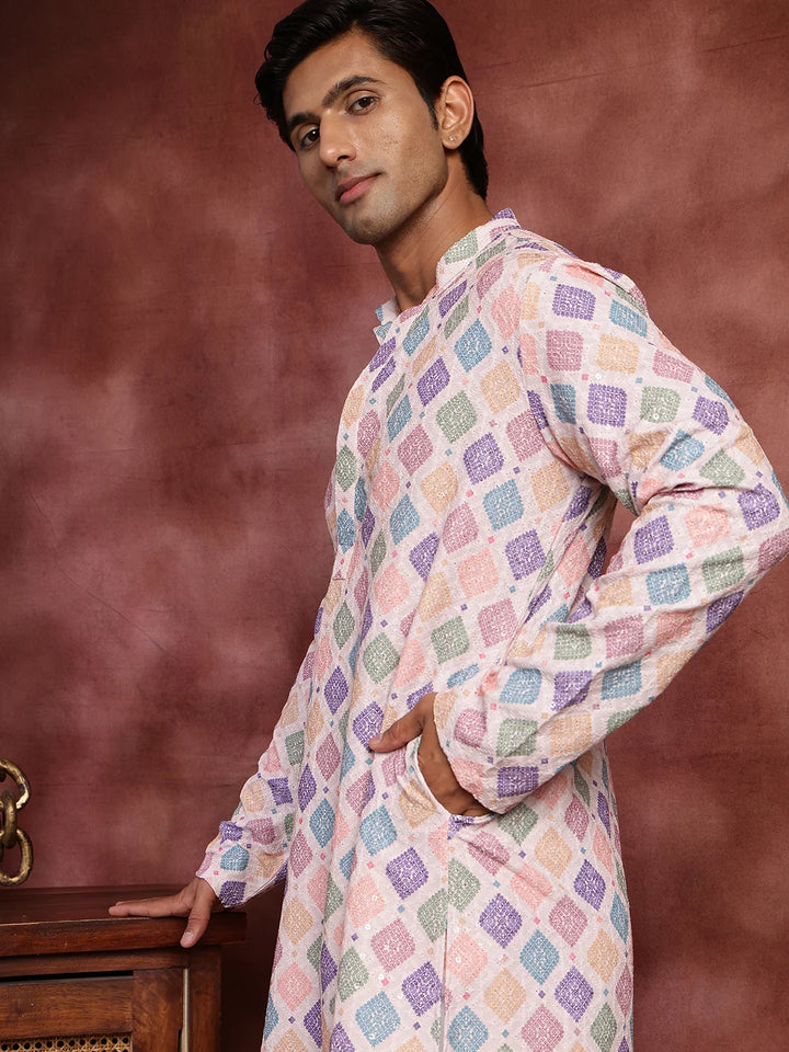 Pink Thread Work Printed Viscose Rayon Straight Kurta for Men - Image 11