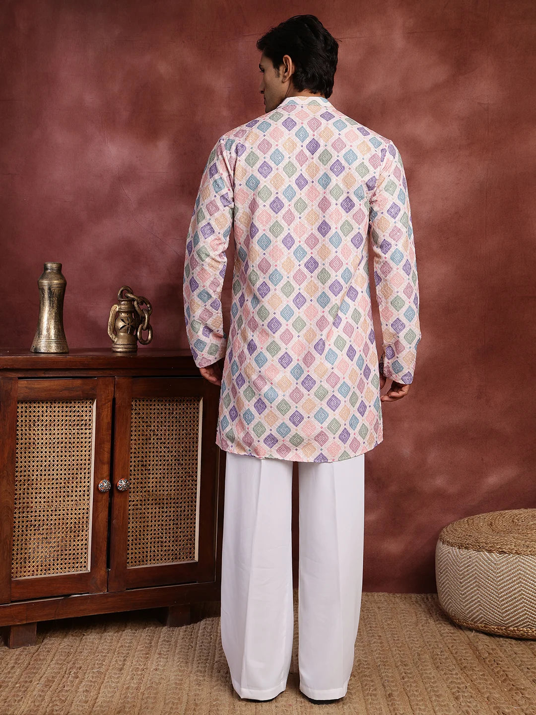Pink Thread Work Printed Viscose Rayon Straight Kurta for Men - Image 2