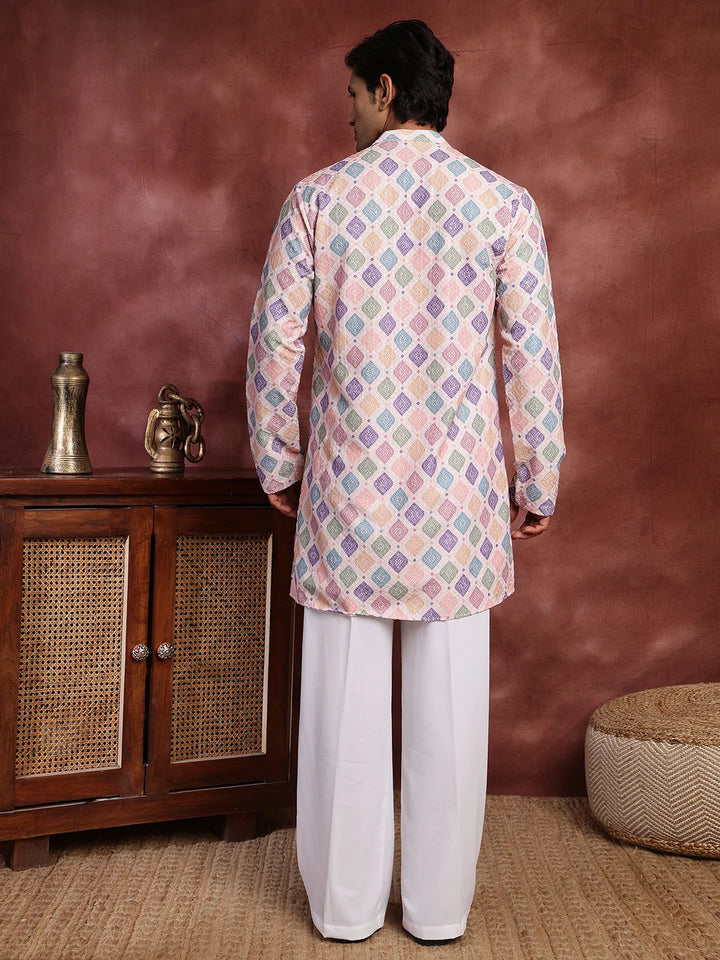 Pink Thread Work Printed Viscose Rayon Straight Kurta for Men - Image 2