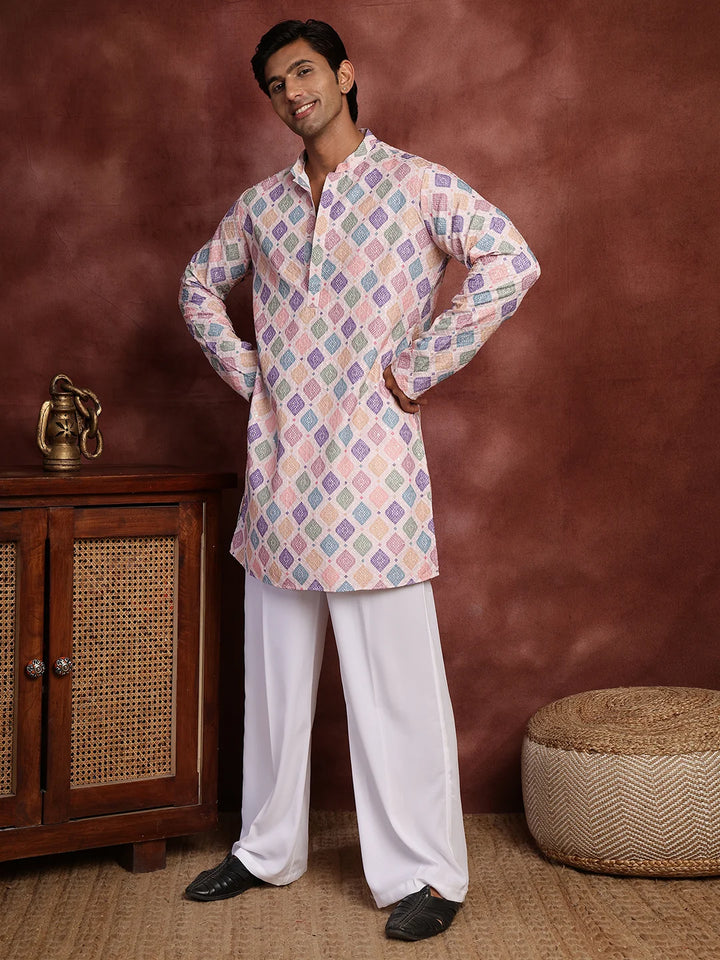 Pink Thread Work Printed Viscose Rayon Straight Kurta for Men - Image 3