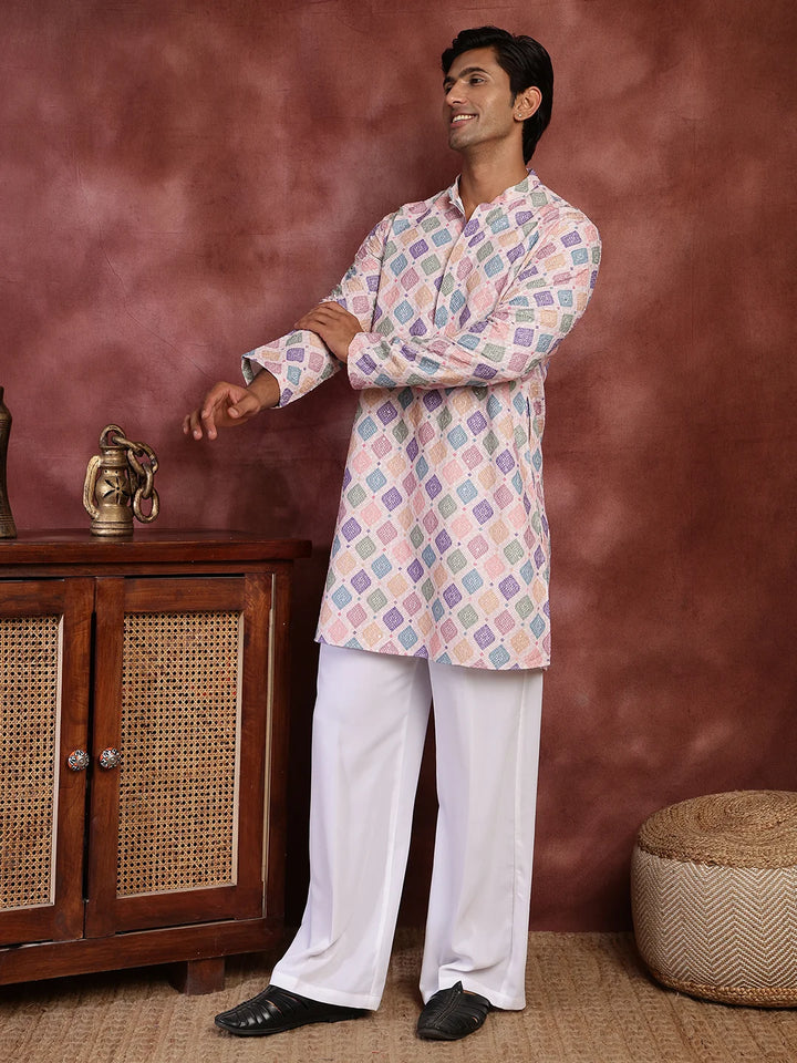 Pink Thread Work Printed Viscose Rayon Straight Kurta for Men - Image 4