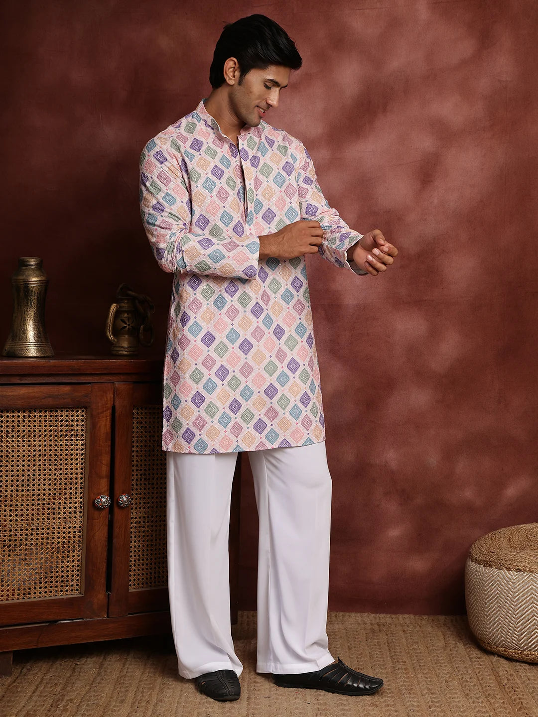 Pink Thread Work Printed Viscose Rayon Straight Kurta for Men - Image 5