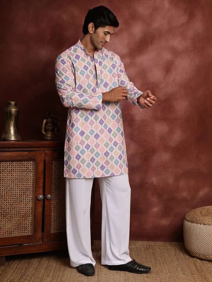 Pink Thread Work Printed Viscose Rayon Straight Kurta for Men - Image 5