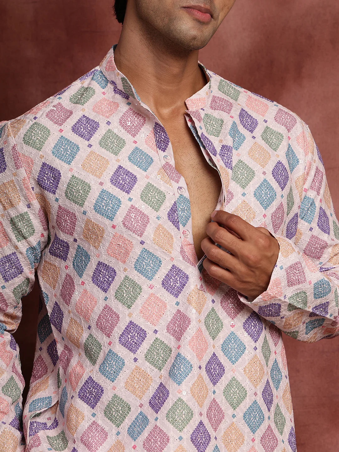 Pink Thread Work Printed Viscose Rayon Straight Kurta for Men - Image 6