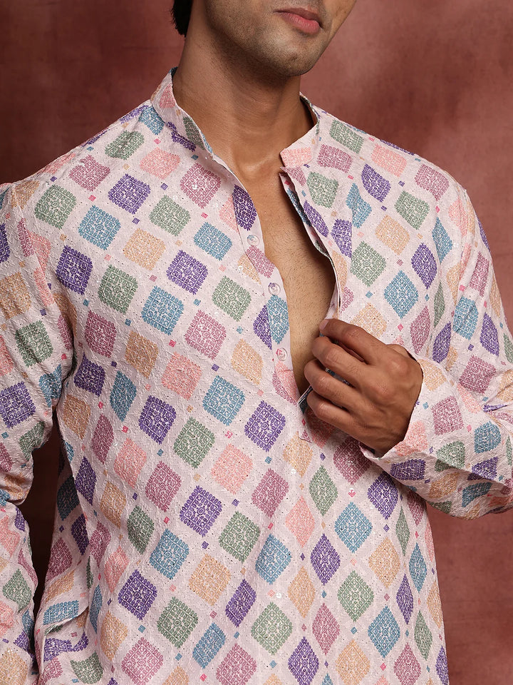 Pink Thread Work Printed Viscose Rayon Straight Kurta for Men - Image 6