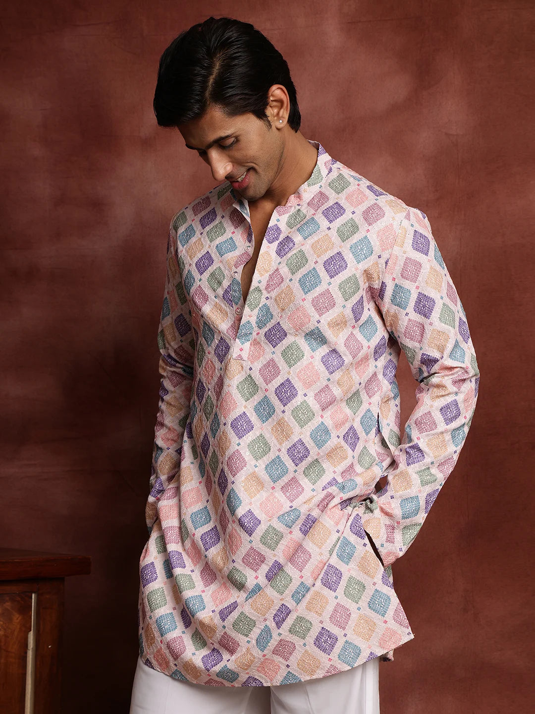 Pink Thread Work Printed Viscose Rayon Straight Kurta for Men - Image 7