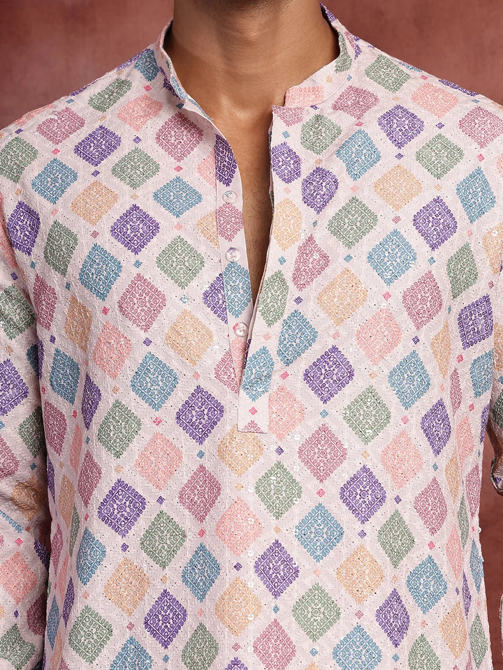 Pink Thread Work Printed Viscose Rayon Straight Kurta for Men - Image 8