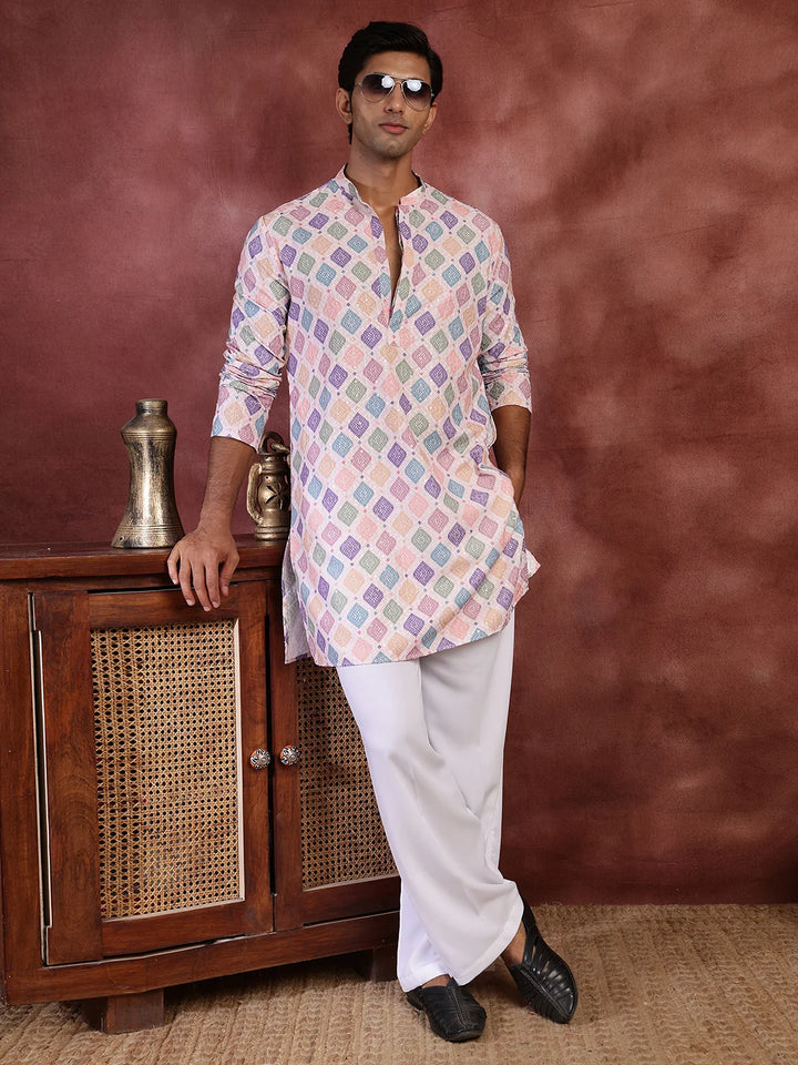 Pink Thread Work Printed Viscose Rayon Straight Kurta for Men - Image 9
