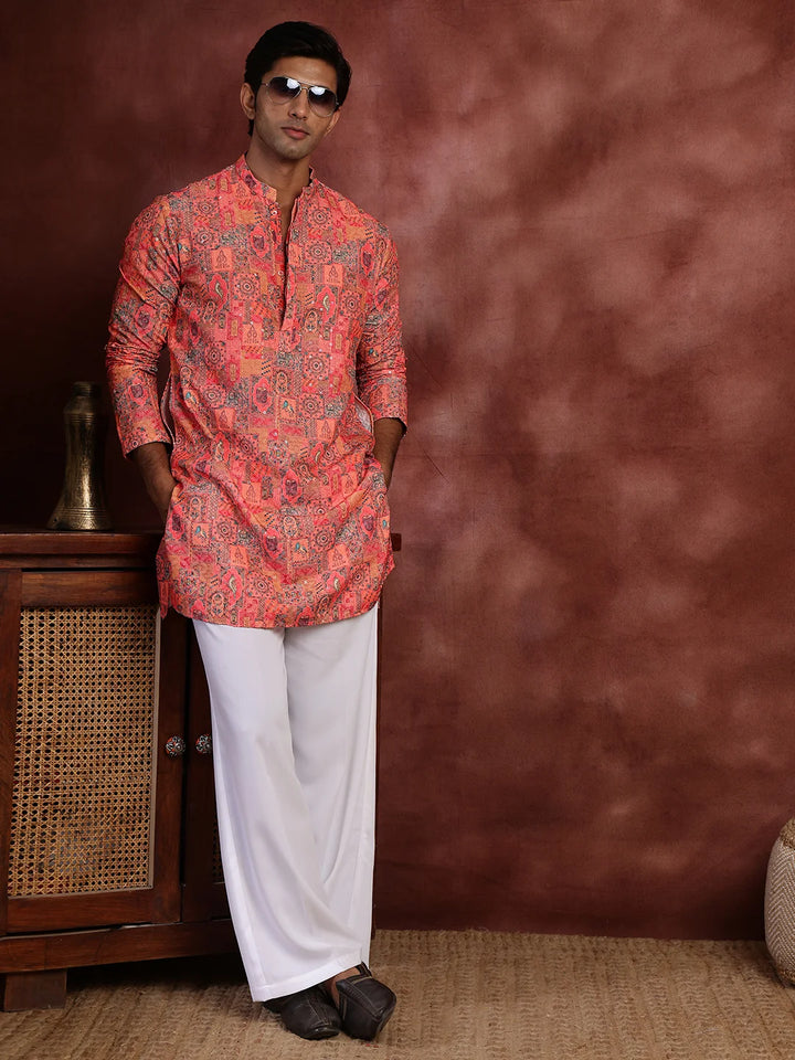 Pink Thread Work Printed Viscose Rayon Straight Kurta for Men - Image 1
