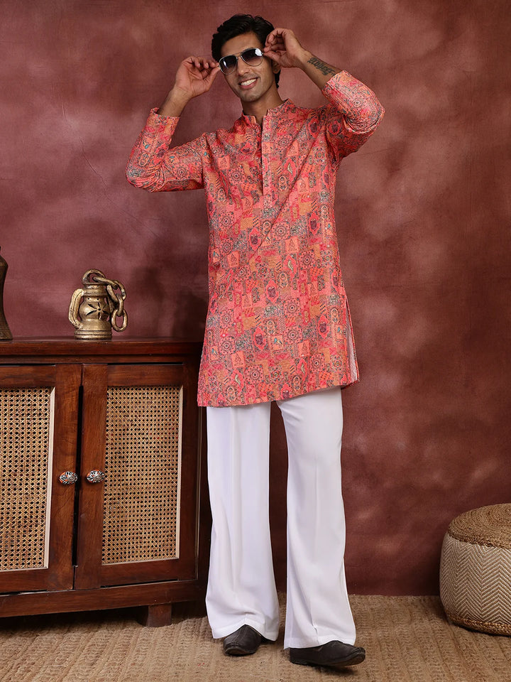 Pink Thread Work Printed Viscose Rayon Straight Kurta for Men - Image 10
