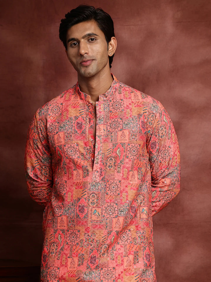 Pink Thread Work Printed Viscose Rayon Straight Kurta for Men - Image 11