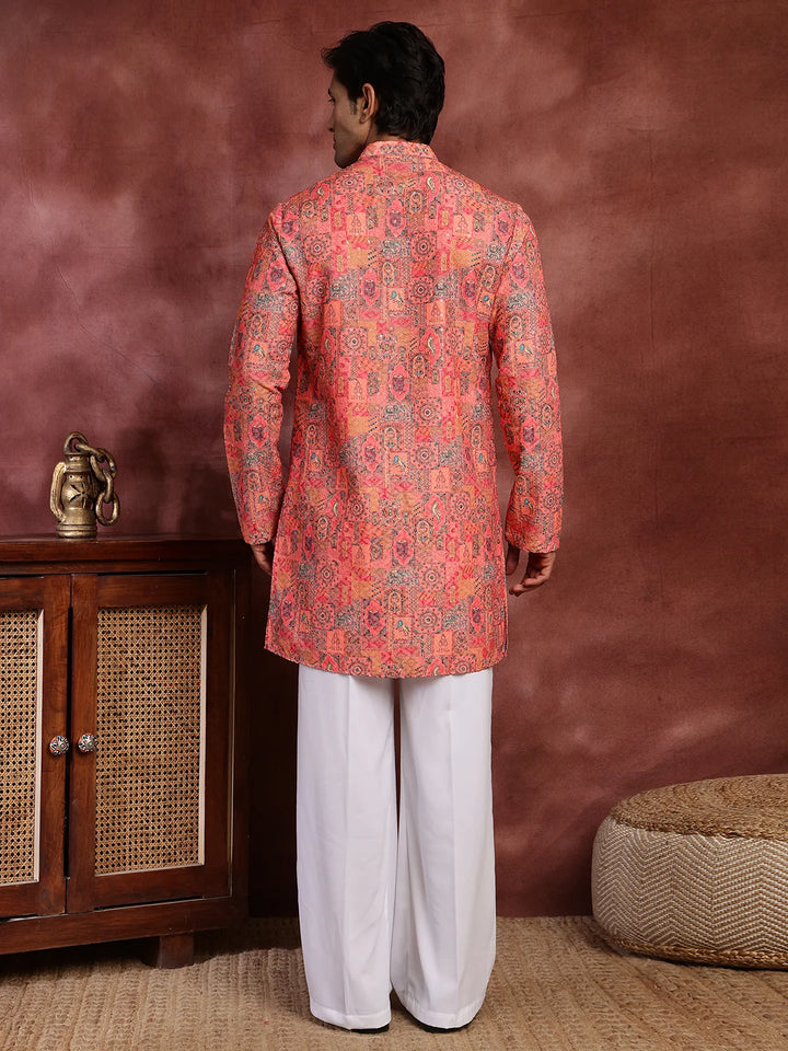 Pink Thread Work Printed Viscose Rayon Straight Kurta for Men - Image 2