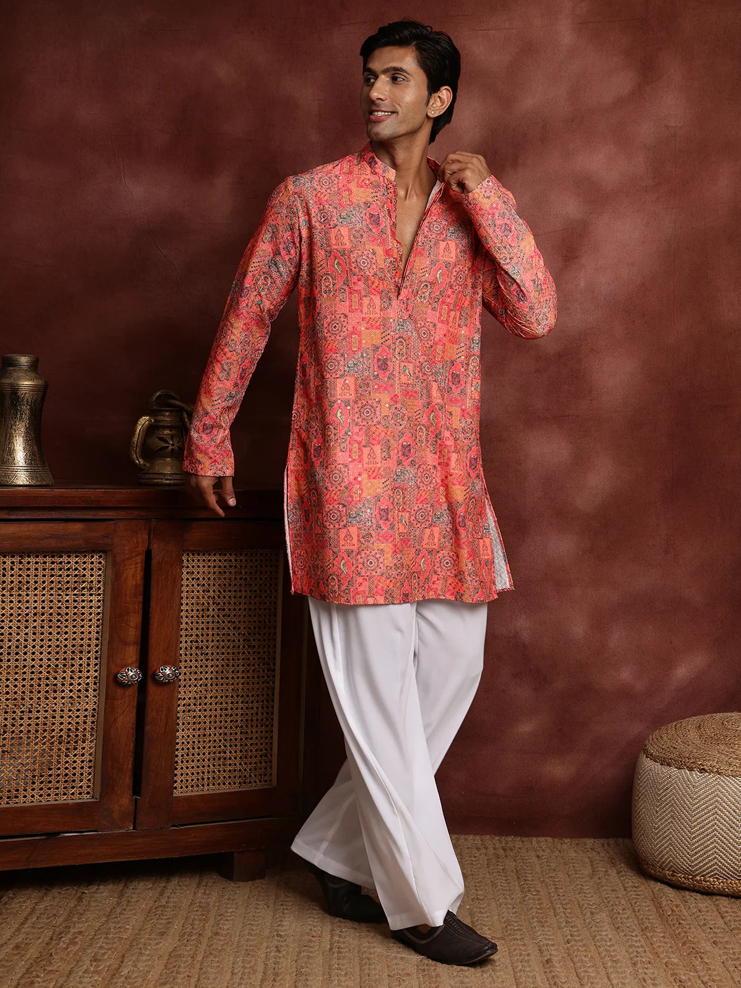 Pink Thread Work Printed Viscose Rayon Straight Kurta for Men - Image 3