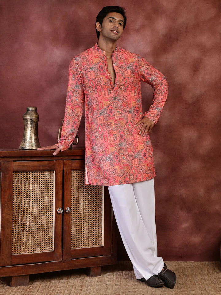 Pink Thread Work Printed Viscose Rayon Straight Kurta for Men - Image 4