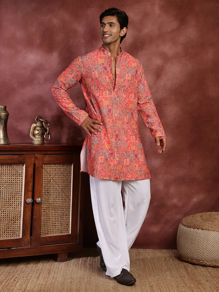 Pink Thread Work Printed Viscose Rayon Straight Kurta for Men - Image 5