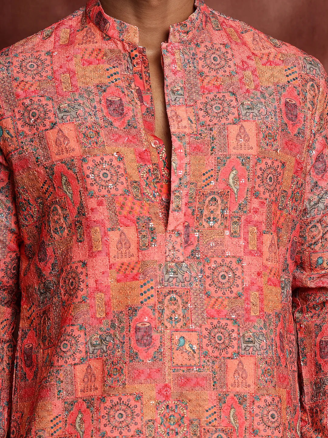 Pink Thread Work Printed Viscose Rayon Straight Kurta for Men - Image 6