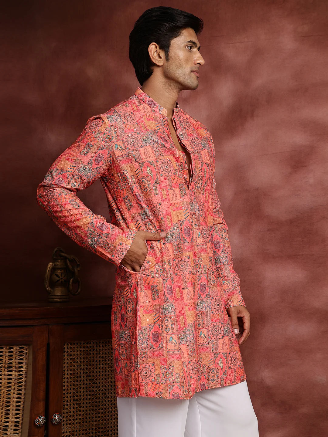 Pink Thread Work Printed Viscose Rayon Straight Kurta for Men - Image 7