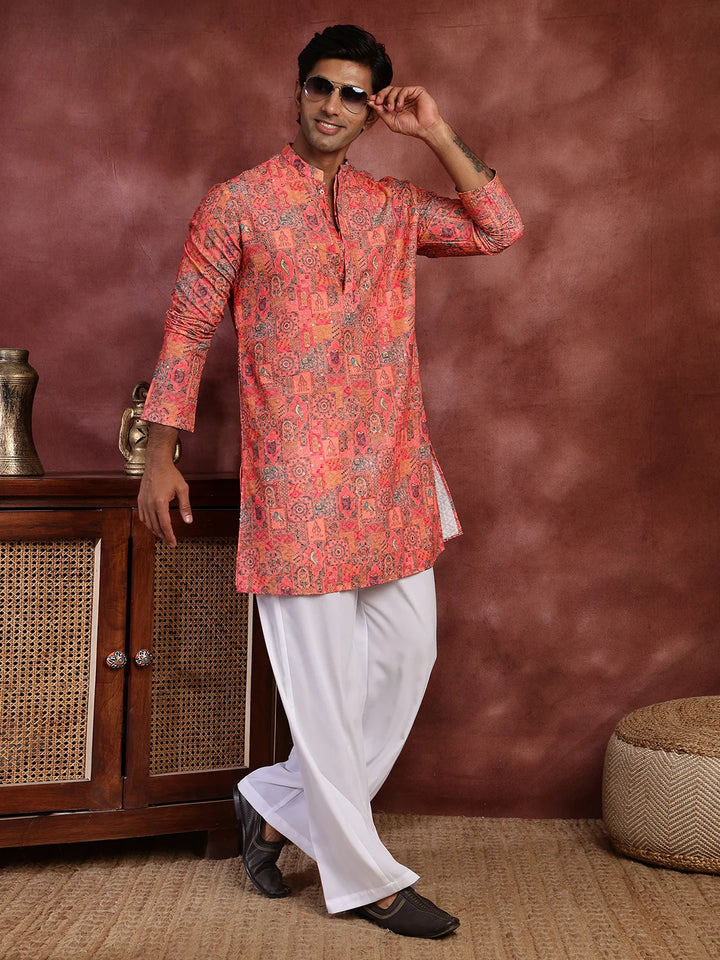 Pink Thread Work Printed Viscose Rayon Straight Kurta for Men - Image 8