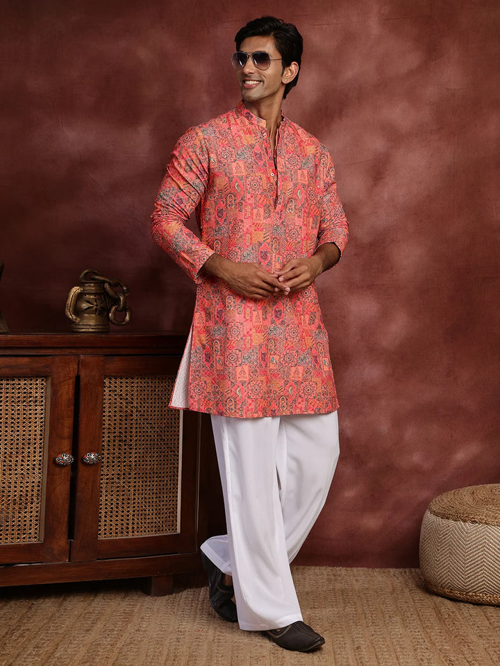 Pink Thread Work Printed Viscose Rayon Straight Kurta for Men - Image 9