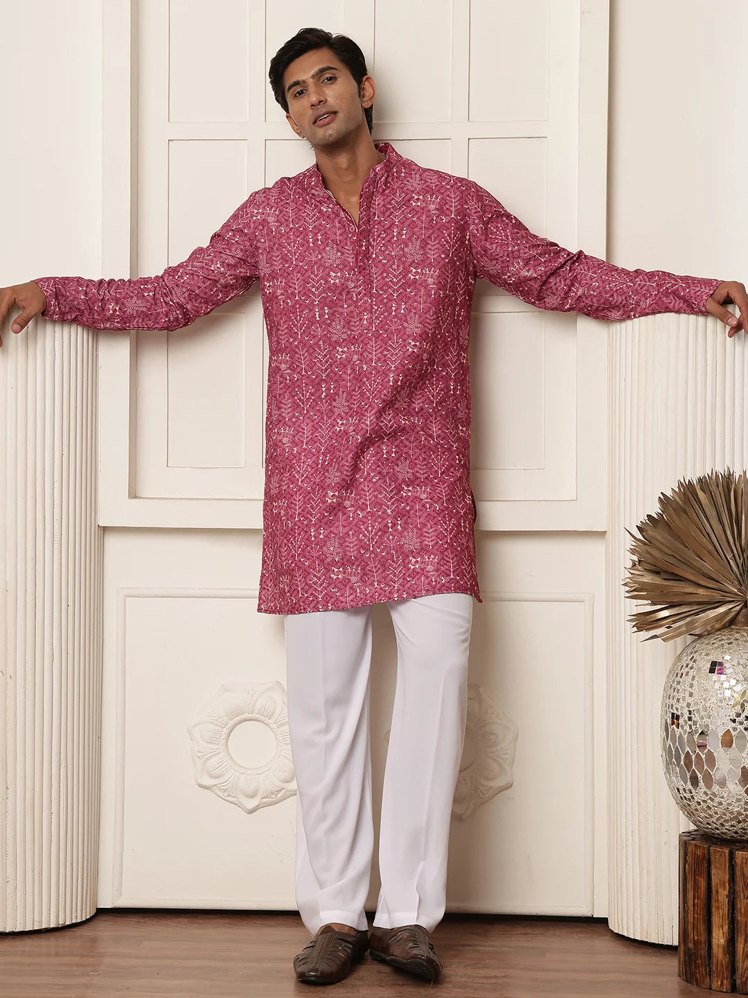 Purple Thread Work Printed Viscose Rayon Straight Kurta for Men - Image 1