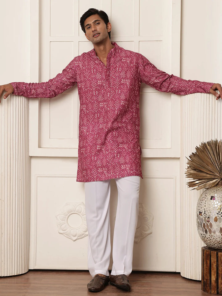 Purple Thread Work Printed Viscose Rayon Straight Kurta for Men - Image 1