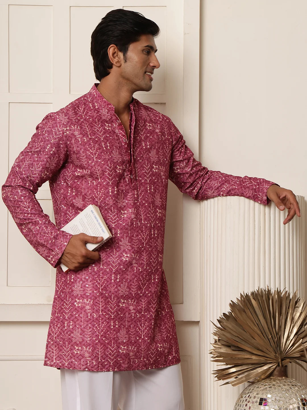 Purple Thread Work Printed Viscose Rayon Straight Kurta for Men - Image 10