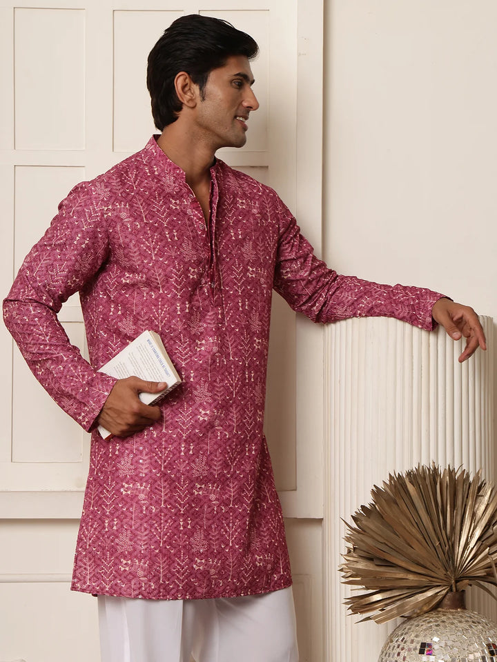 Purple Thread Work Printed Viscose Rayon Straight Kurta for Men - Image 10