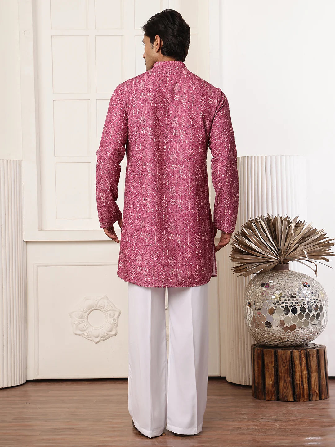 Purple Thread Work Printed Viscose Rayon Straight Kurta for Men - Image 2