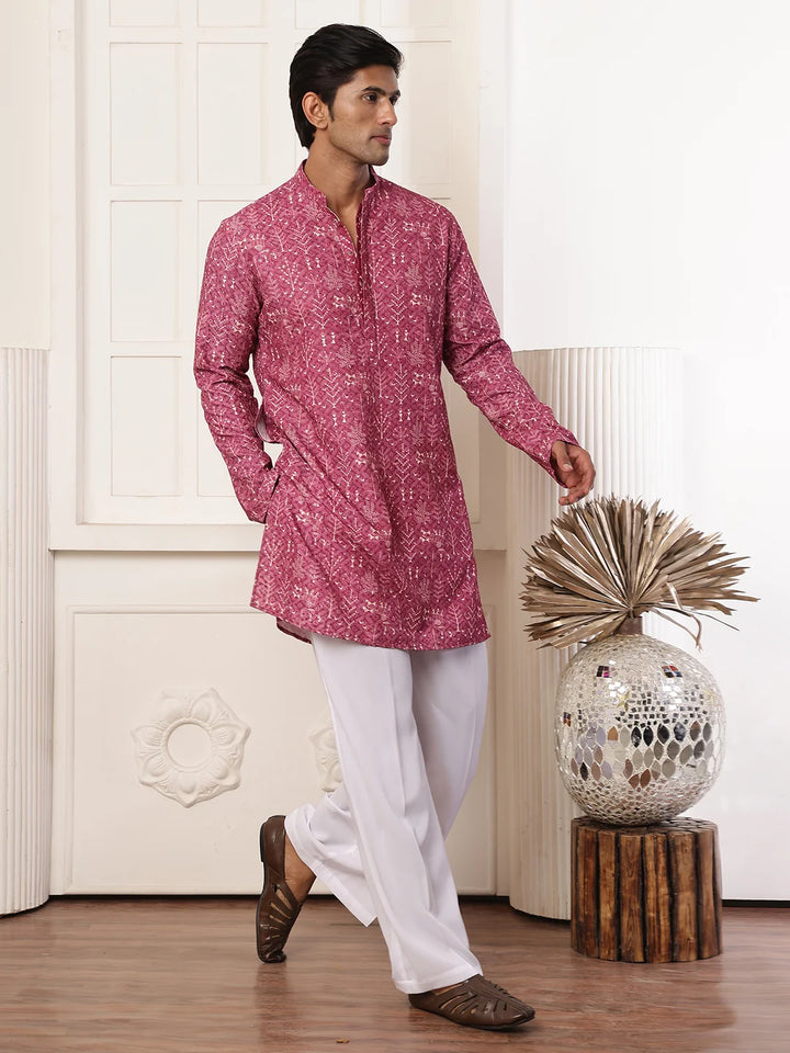Purple Thread Work Printed Viscose Rayon Straight Kurta for Men - Image 3