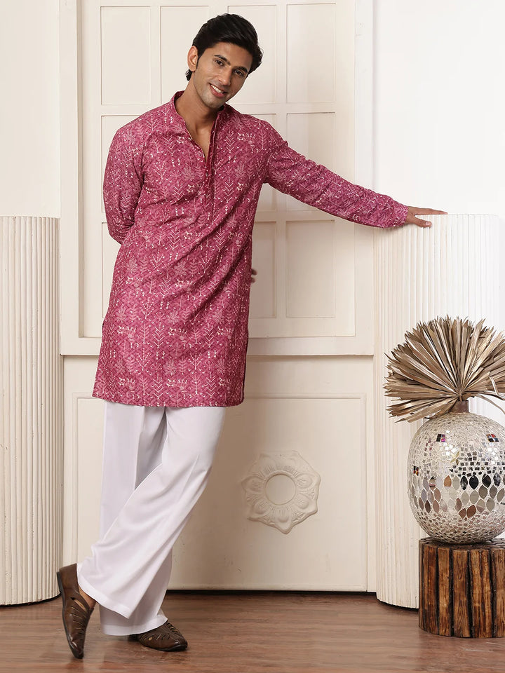 Purple Thread Work Printed Viscose Rayon Straight Kurta for Men - Image 4