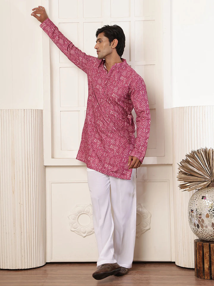 Purple Thread Work Printed Viscose Rayon Straight Kurta for Men - Image 5