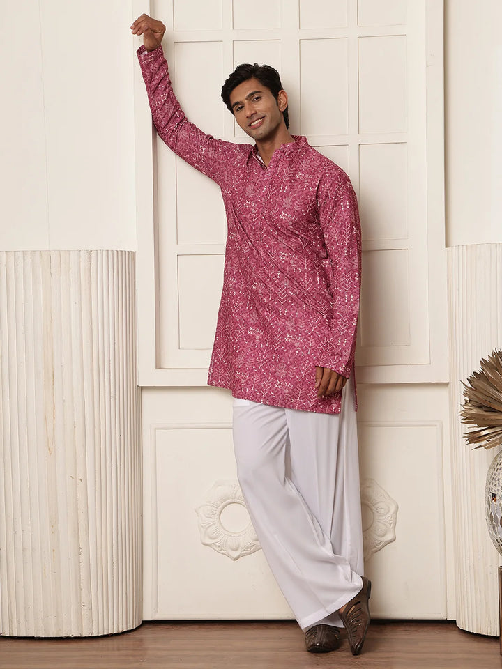 Purple Thread Work Printed Viscose Rayon Straight Kurta for Men - Image 6