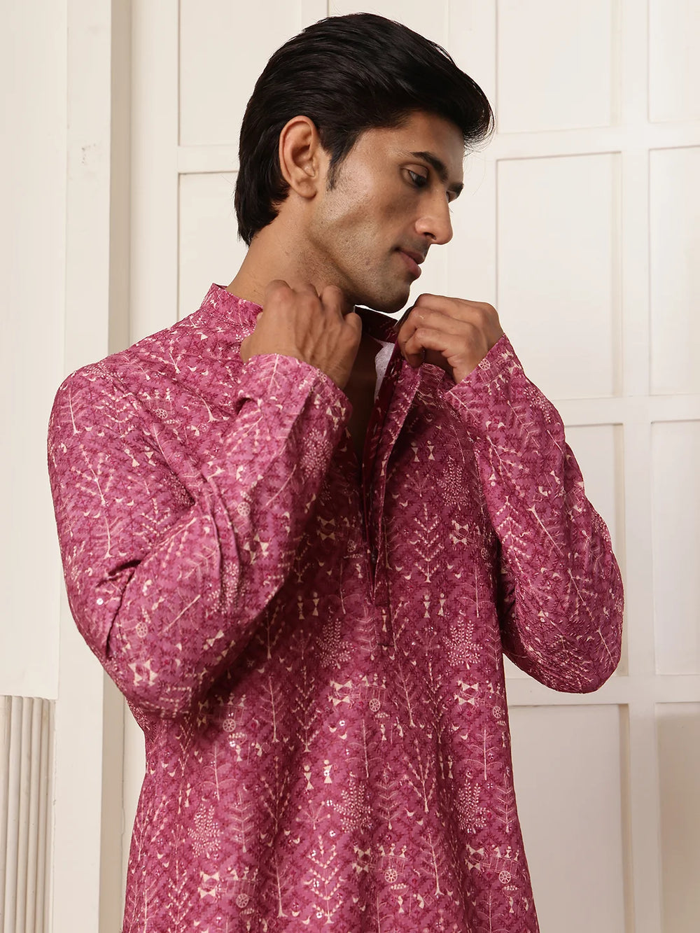 Purple Thread Work Printed Viscose Rayon Straight Kurta for Men - Image 7