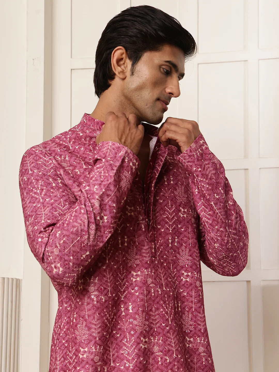 Purple Thread Work Printed Viscose Rayon Straight Kurta for Men - Image 7