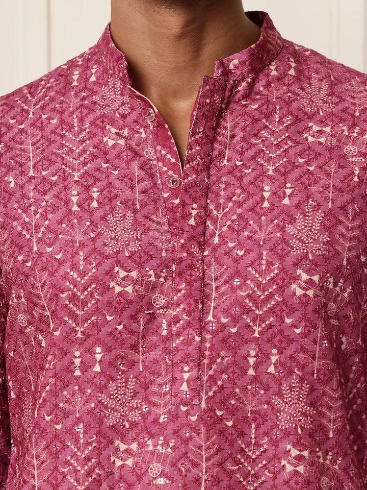 Purple Thread Work Printed Viscose Rayon Straight Kurta for Men - Image 8