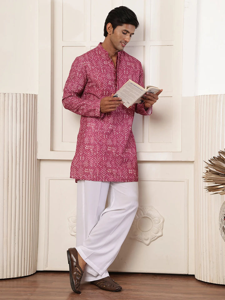 Purple Thread Work Printed Viscose Rayon Straight Kurta for Men - Image 9