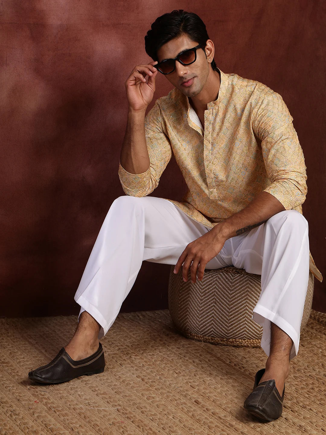 Mustard Thread Work Printed Viscose Rayon Straight Kurta for Men - Image 1