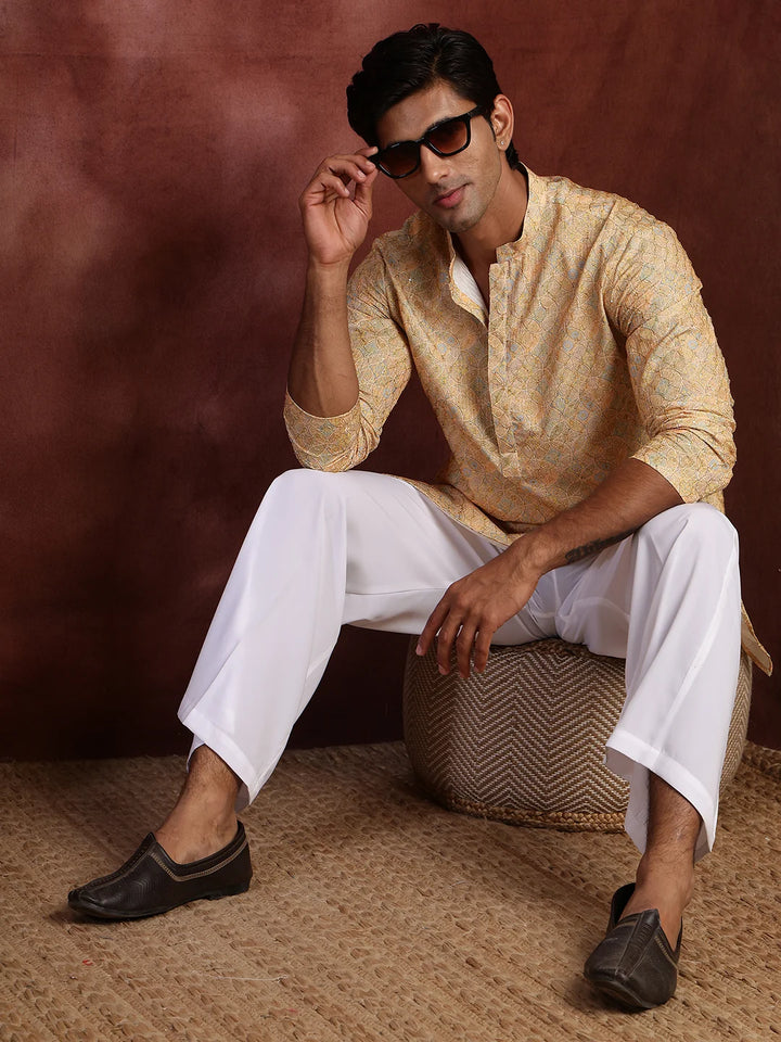 Mustard Thread Work Printed Viscose Rayon Straight Kurta for Men - Image 1