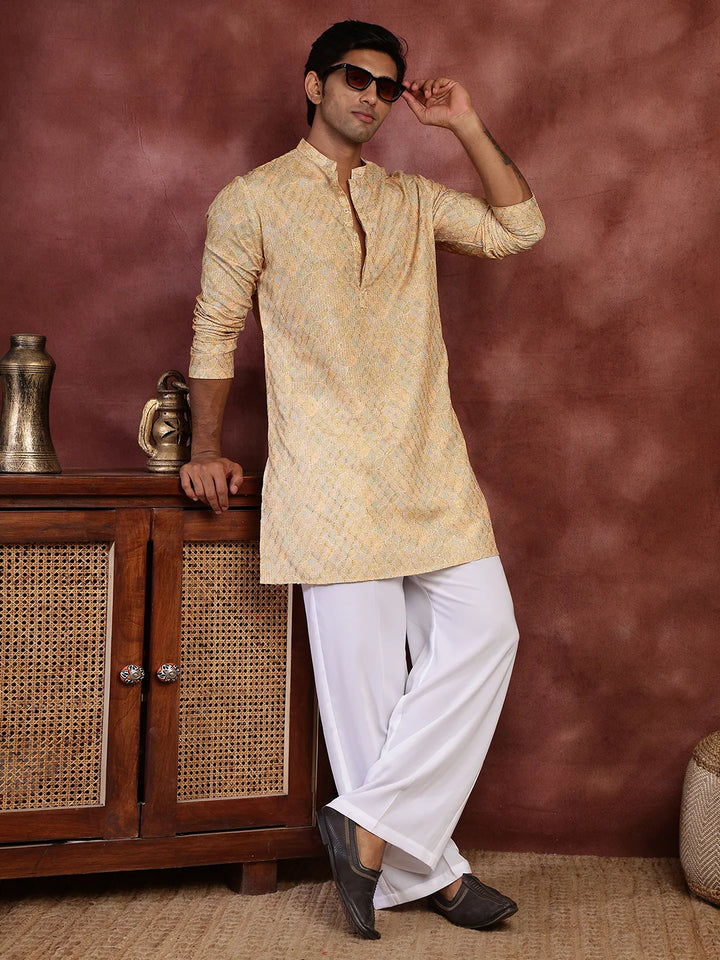 Mustard Thread Work Printed Viscose Rayon Straight Kurta for Men - Image 10