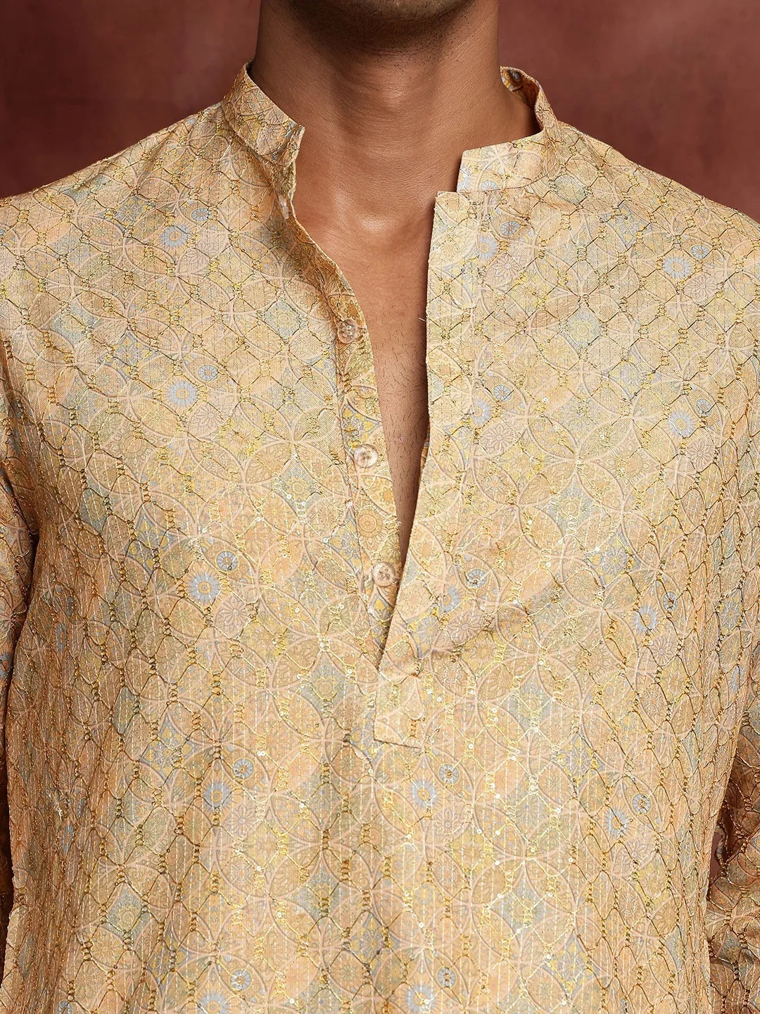 Mustard Thread Work Printed Viscose Rayon Straight Kurta for Men - Image 11