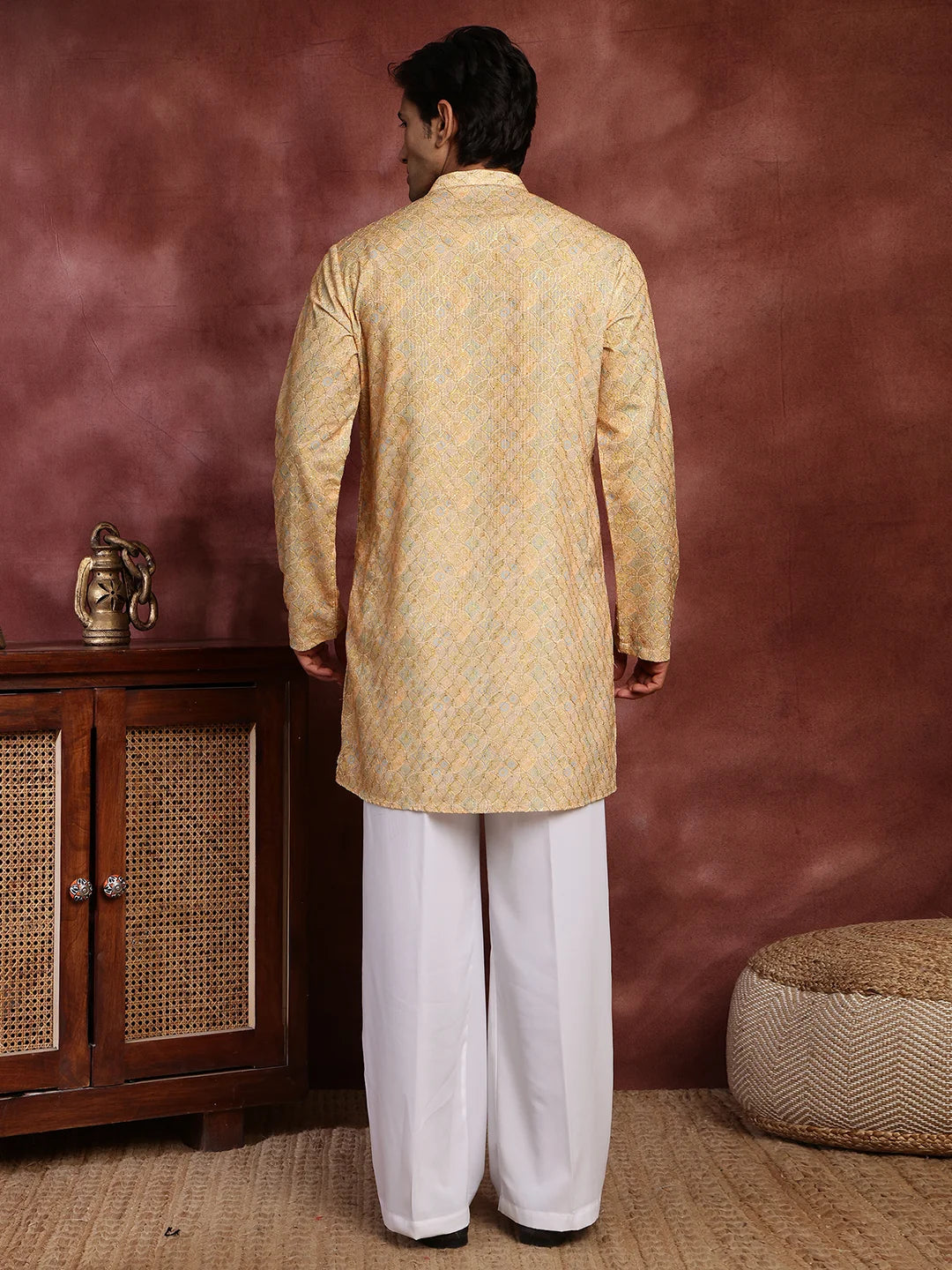 Mustard Thread Work Printed Viscose Rayon Straight Kurta for Men - Image 12
