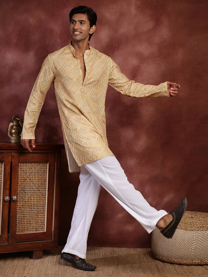 Mustard Thread Work Printed Viscose Rayon Straight Kurta for Men - Image 2