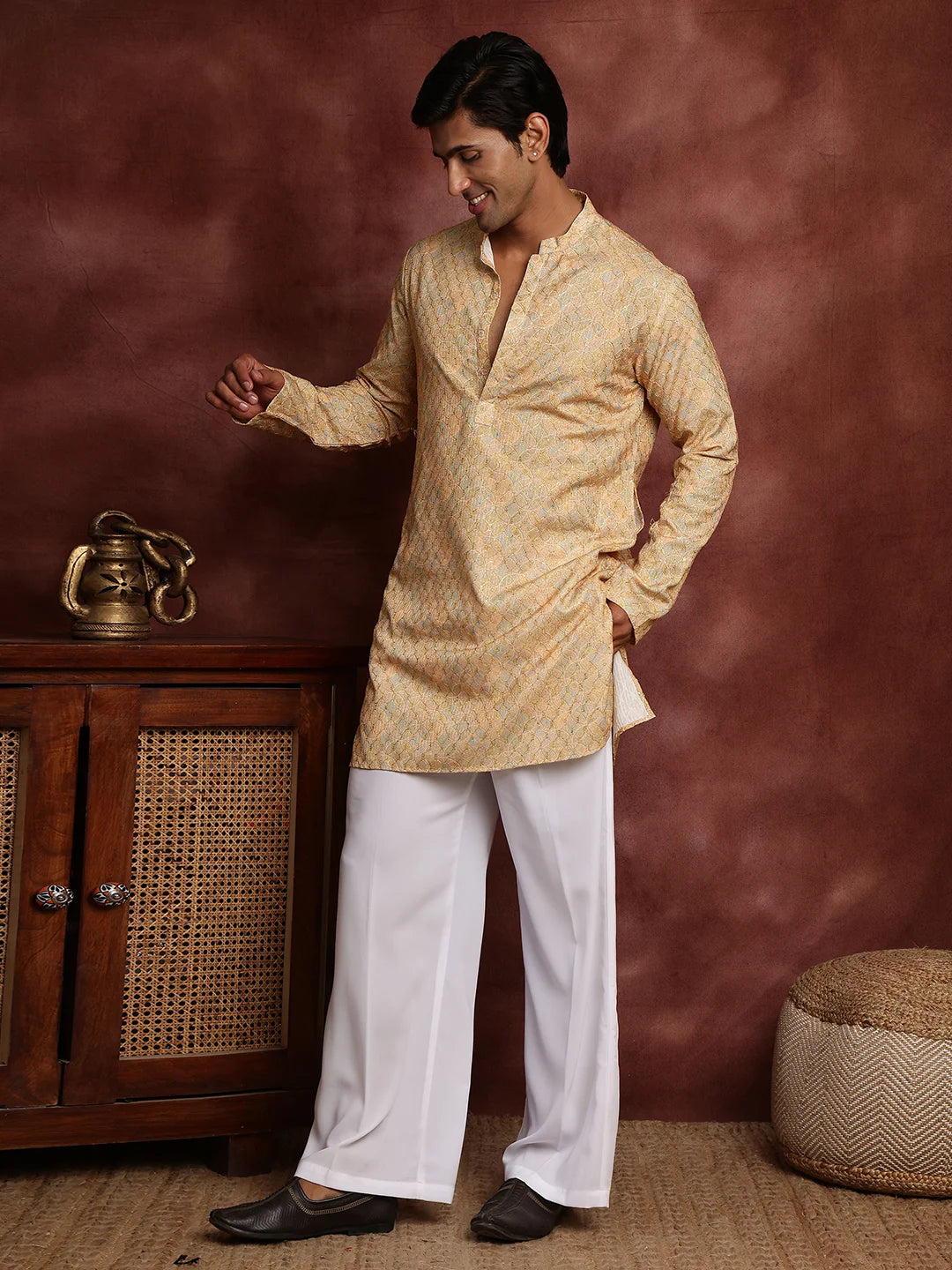 Mustard Thread Work Printed Viscose Rayon Straight Kurta for Men - Image 3