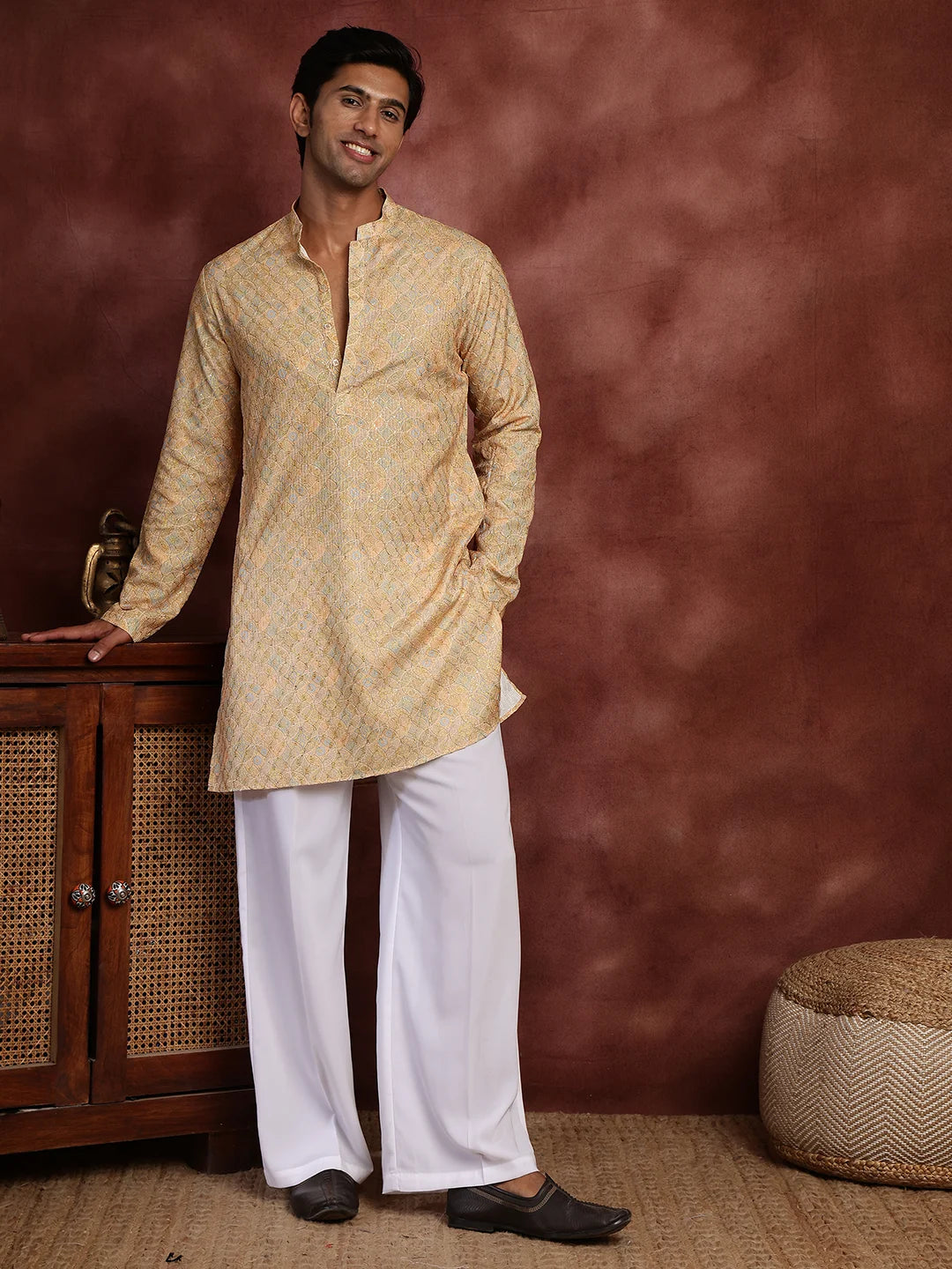 Mustard Thread Work Printed Viscose Rayon Straight Kurta for Men - Image 4